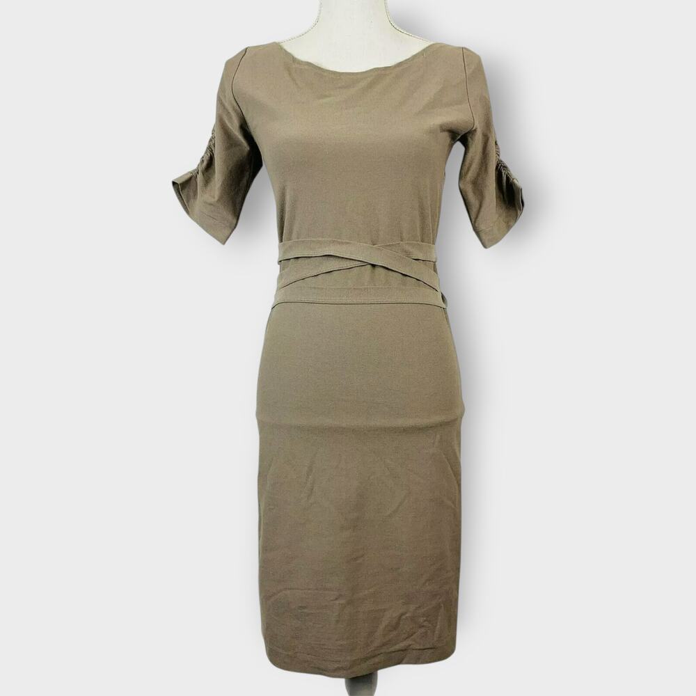 Tehen France Sheath Dress Tan Boat Neck Career Polished 1/4 Sleeves Size Medium